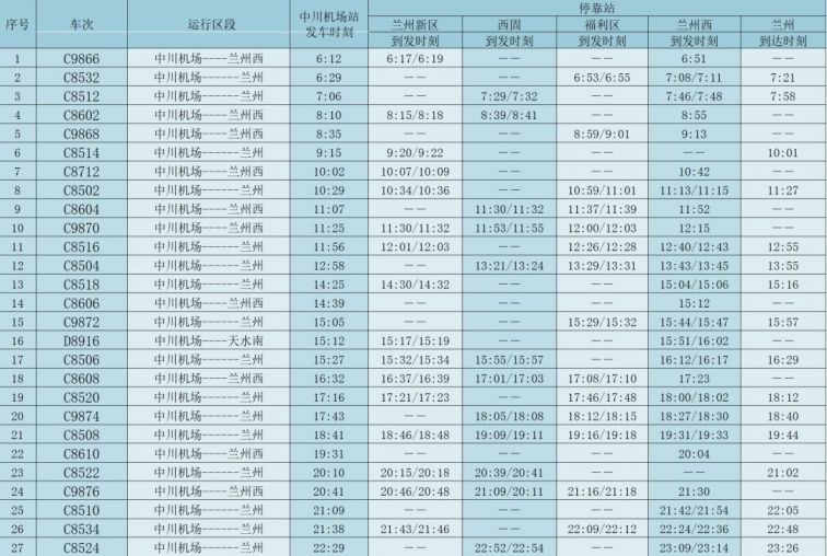 兰州城际列车时刻表