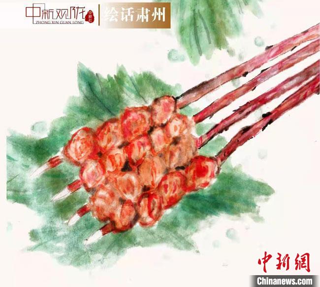 图为酒泉美食“红柳烤肉”绘画作品。　杜兴彦 摄